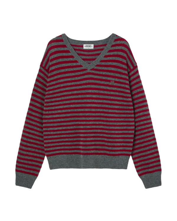 STRIPE V-NECK KNIT PULLOVER [GREY]