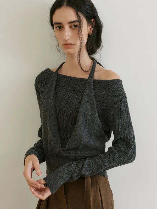 halter layered boat-neck knit (charcoal) orc 6148