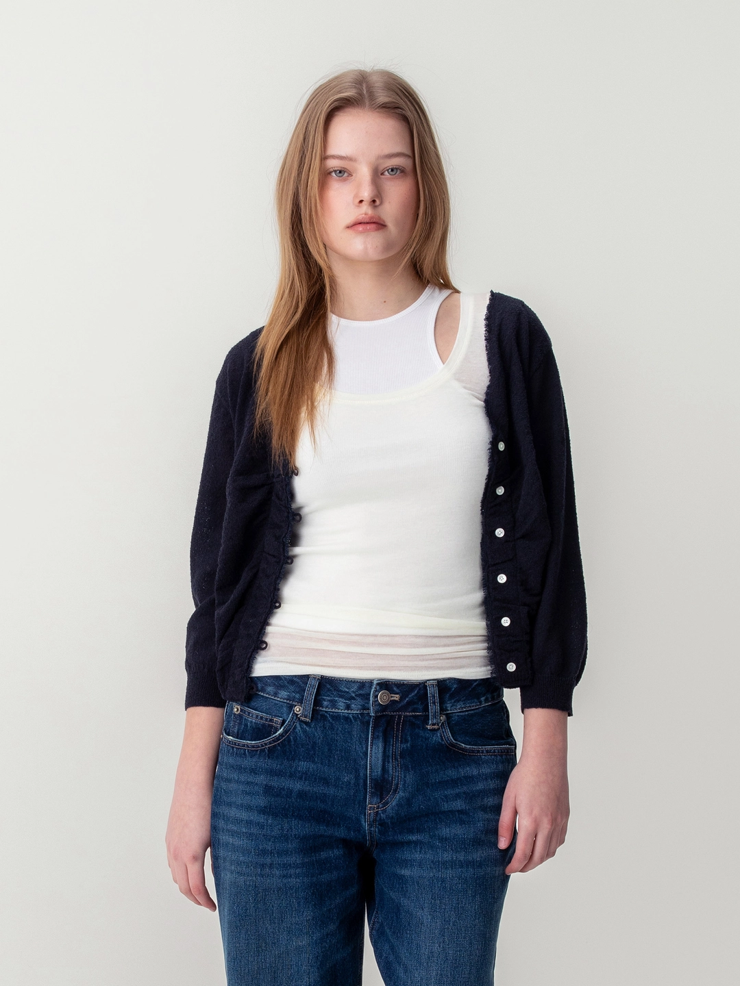 글로니 SHERBET V-NECK FRINGE CARDIGAN (DEEP NAVY) 상품 이미지 2