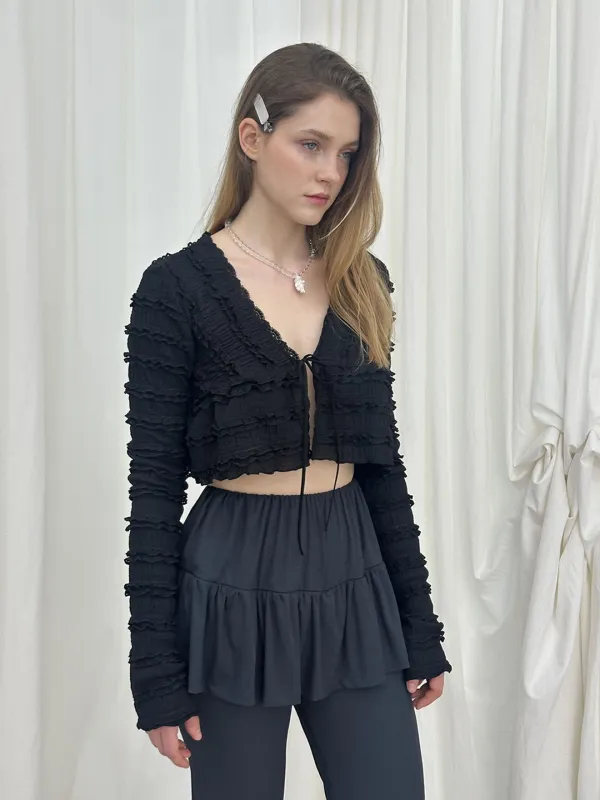 FRILL RIBBON SKIRT PANTS / CHARCOAL