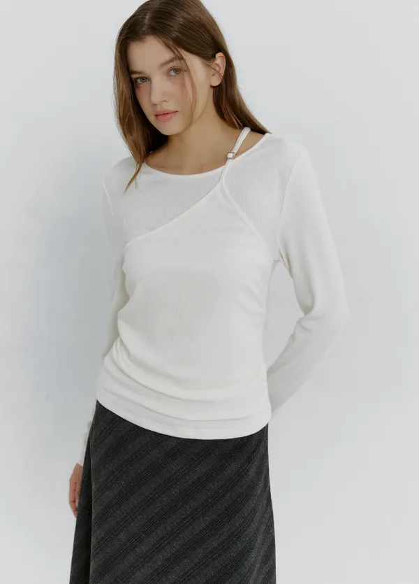 [44-120]  Garrett One-shoulder Layered Tee  가렛트 원숄더 레이어드 티 (가을-봄-출근룩-오피스룩-데이트룩-데일리룩-긴팔티-레이어드-골지티셔츠-티셔츠-원숄더-슬림핏-다이마루-자체제작)
