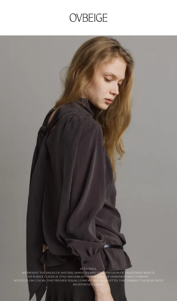 TIE NECK SHIRRING BLOUSE_ESPRESSO BROWN