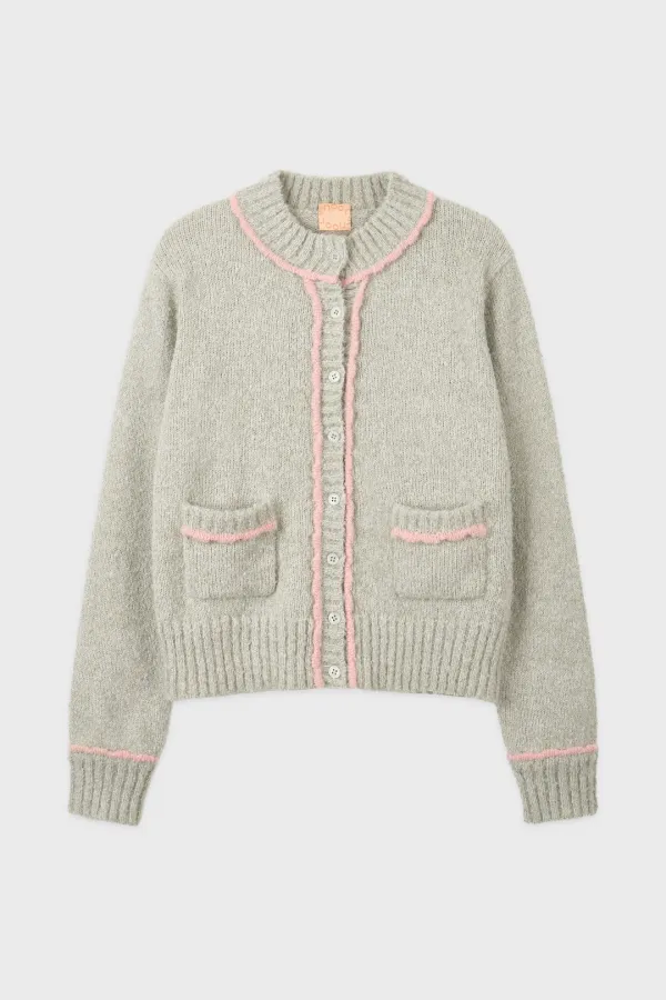 Color Point Pompom Cardigan (Greyish Green)
