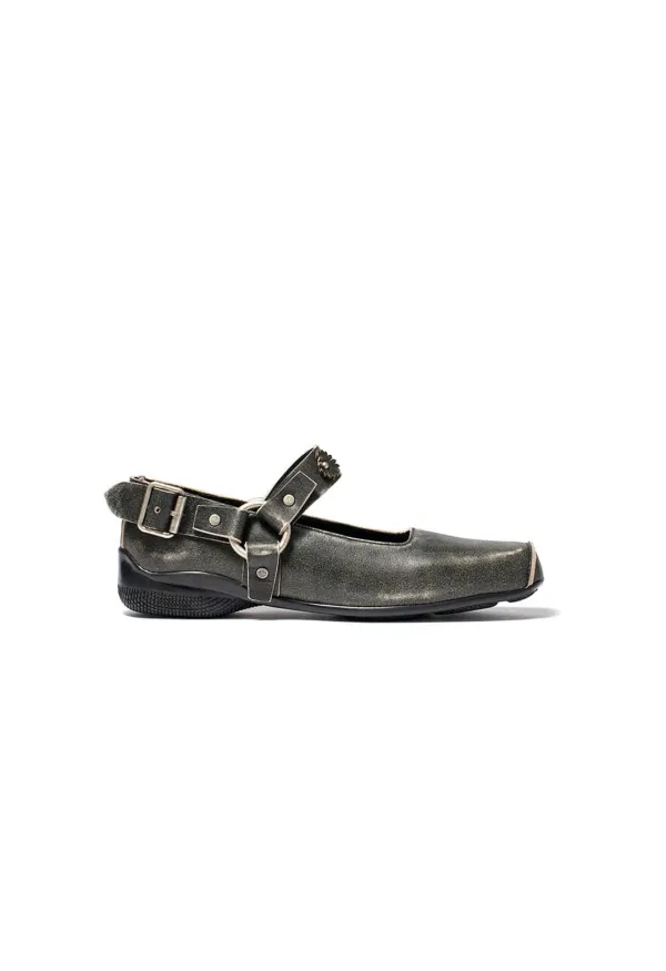 FLOWER-STUD BALLET FLATS, CHARCOAL