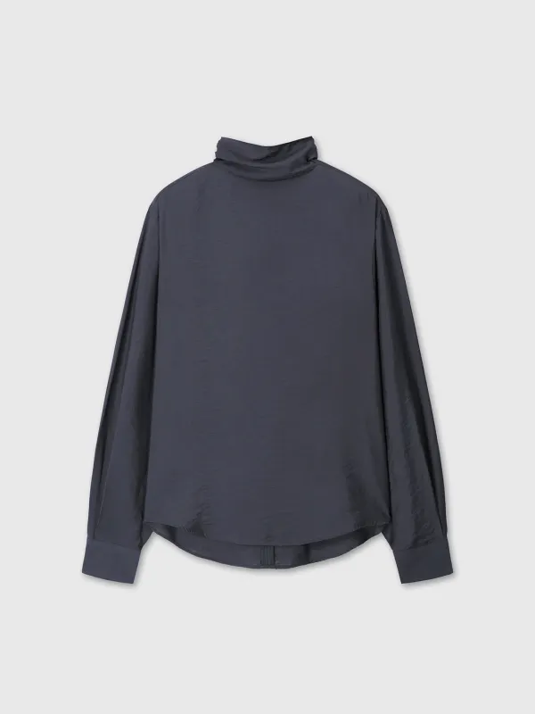 (W) SILK BLEND DRAPED TIE BLOUSE_ DARK NAVY