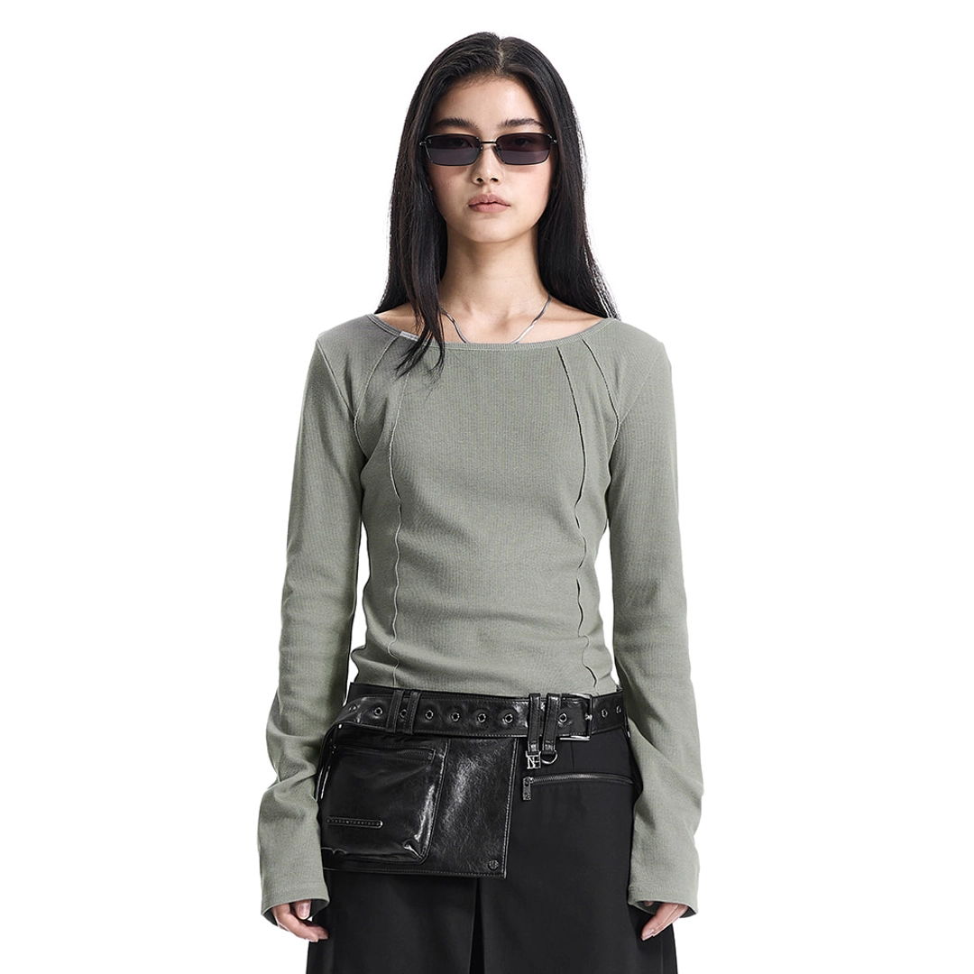 트리밍버드 Pigment-Washed Raw Edge Boat Neck T-Shirt [ Khaki ] 상품 이미지 1