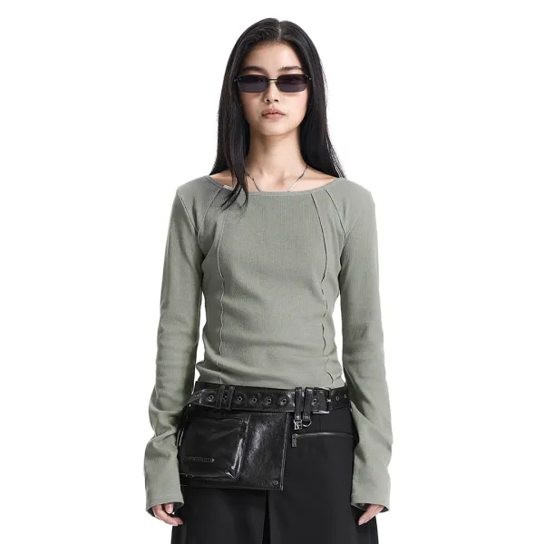 Pigment-Washed Raw Edge Boat Neck T-Shirt [ Khaki ]