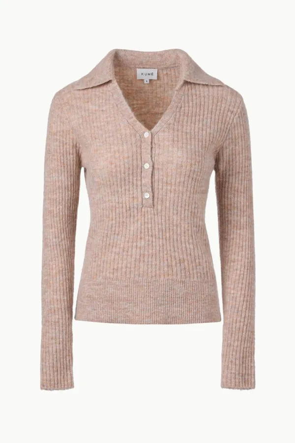 V-neck Button Collar Sweater, Peach