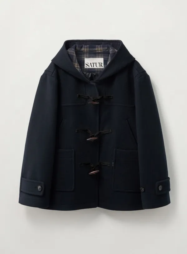 (W) Hood Wool Blend Duffle Half Coat - Navy