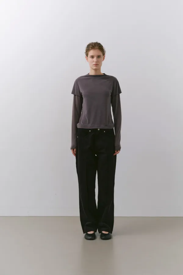 MOCK NECK LAYERED T-SHIRT, CHARCOAL