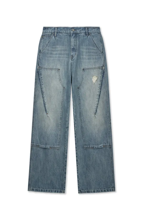 VINTAGE WASHED DOUBLE KNEE DENIM PANTS FOR MEN IN BLUE