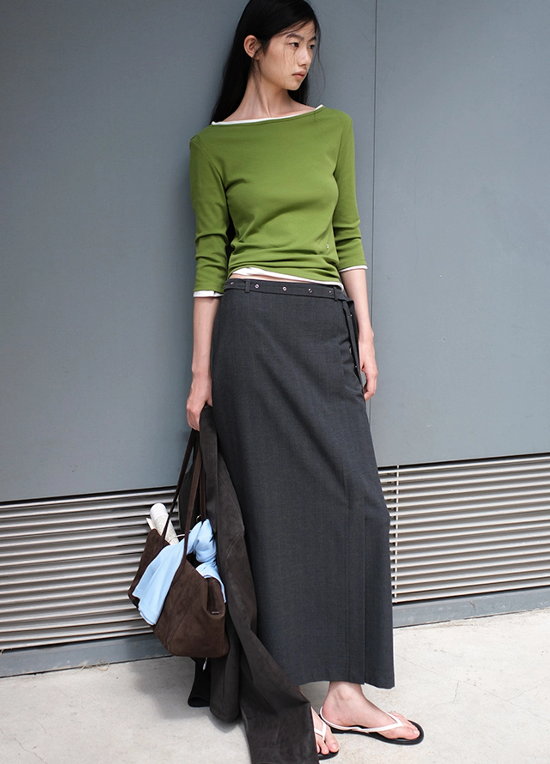 아뜰리에 나인 (SK-5125)EYELET BELTED STRIPE LOW RISE MAXI SKIRT S 상품 이미지 2