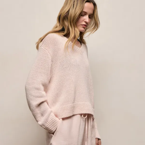 Cotton Linen V Neck Boxy Sweater - Light Rose Quartz