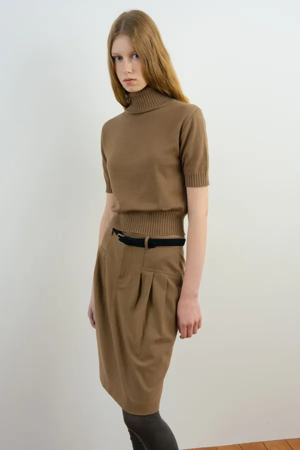 Pintuck Midi Skirt (Brown)