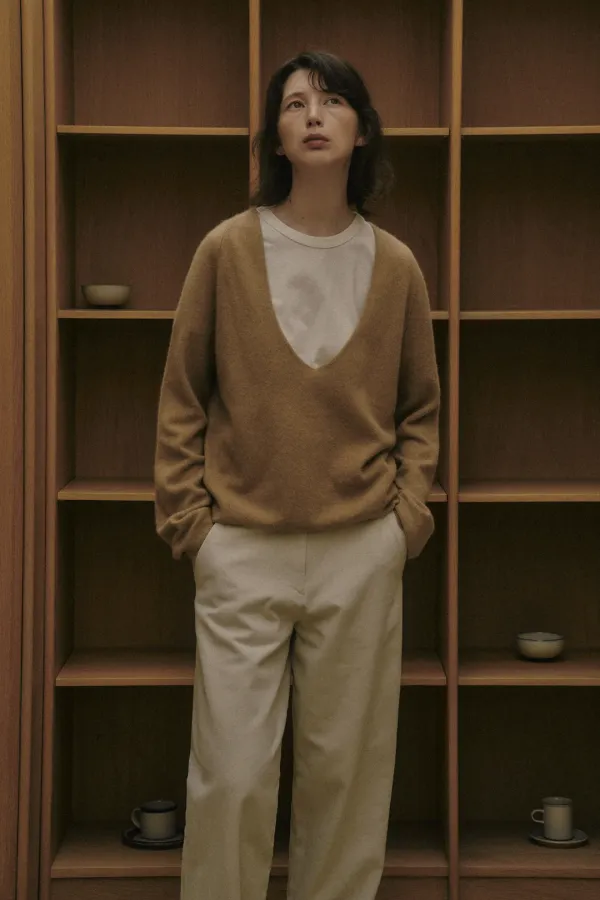 NOTTINGHILL FOX DEEP V-NECK KNIT_CAMEL