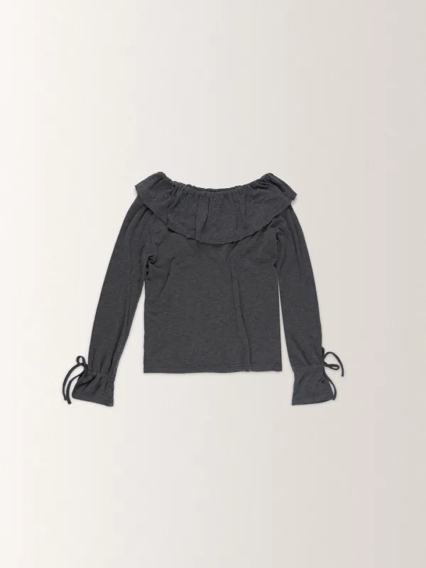 FRILL COLLAR T SHIRTS BLOUSE [ CHARCOAL ]