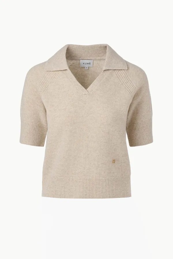 Cropped V-neck Merino Wool Sweater, Light Beige