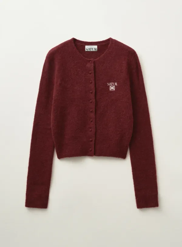 (W) Loren Wool Blend Crew Neck Knit Cardigan - Red