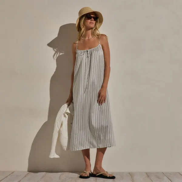 Silk Stripe Strappy Tie Dress - Pacific Stripe