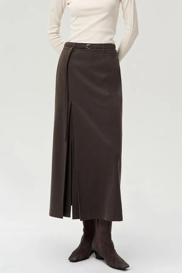 SIDE SLIT WOOL MIDI SKIRT
