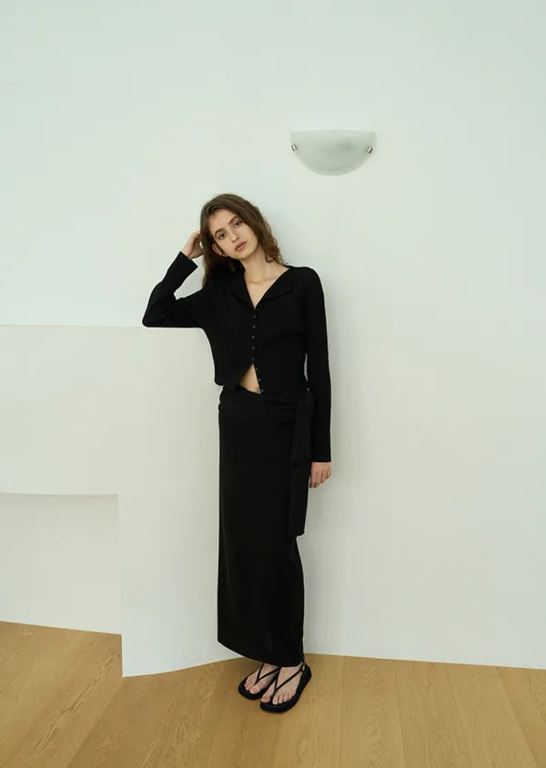 Cool knit skirt & scarf set / Black