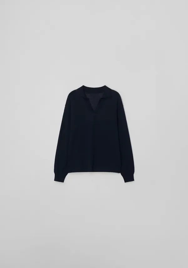 Linen open-collar airy knit (Navy)