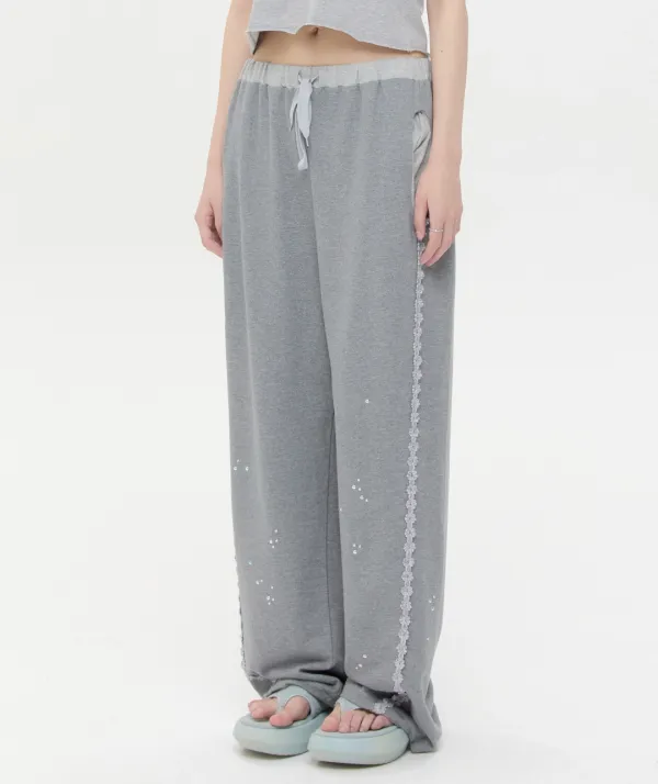 [3차] Lace Trim Hotfix SweatPants [Gray]