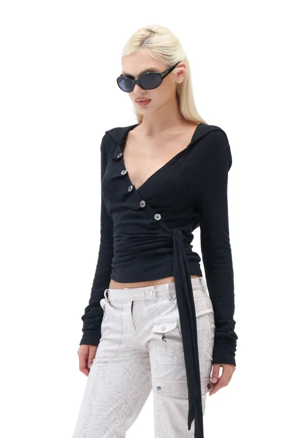 Layered Wrap Hood Top [Black]