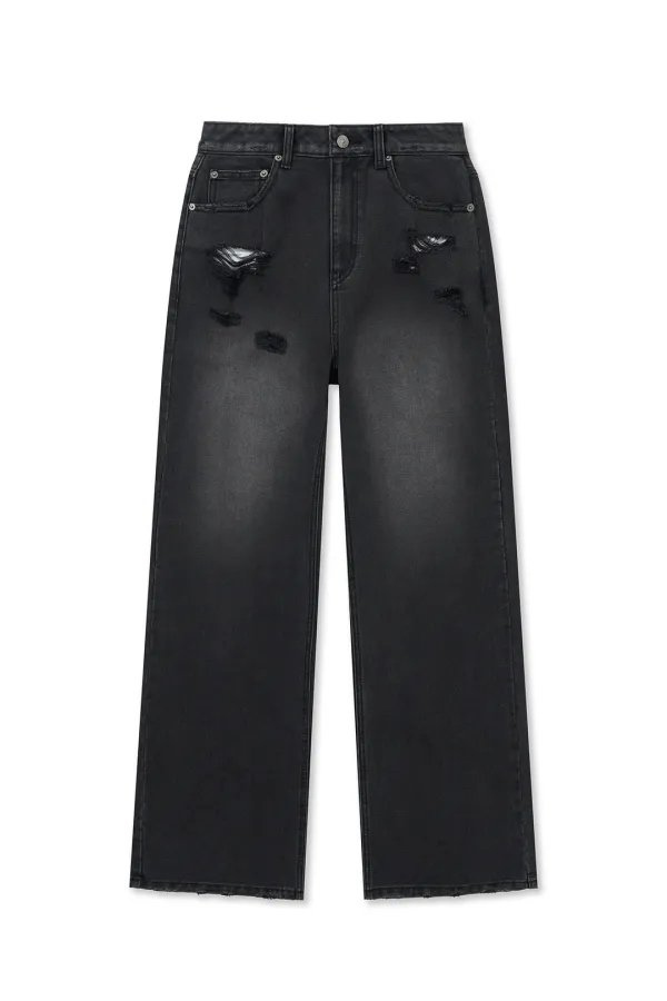 BACK POCKET PATCH DESTROYED DENIM PANTS IN BLACK