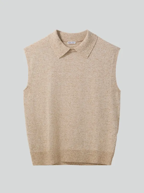 LINEN BLEND POLO KNIT VEST (OATMEAL)