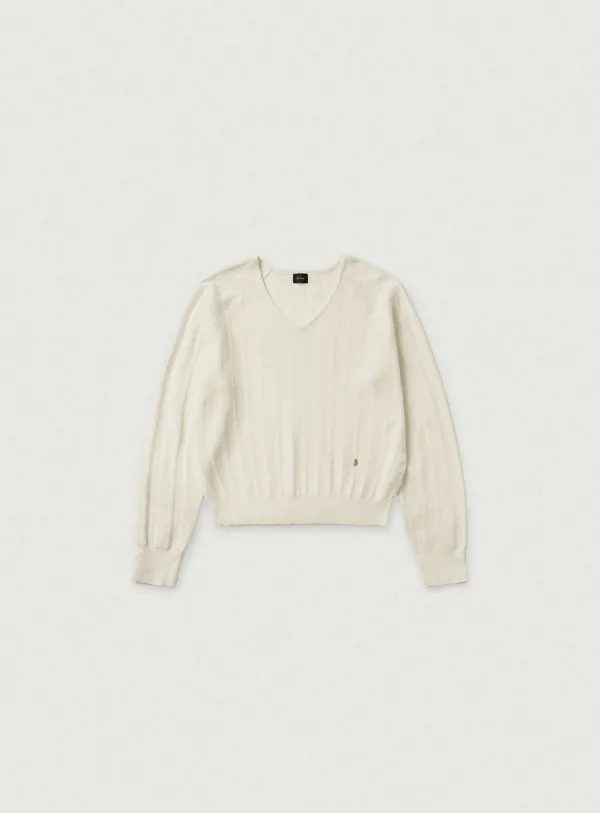 Veil Mohair Pointelle V-neck Knit_Ivory