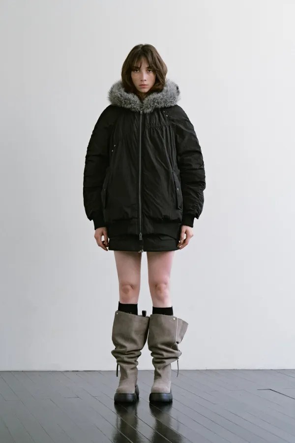 Fur Trimmed Mid Down Jacket [ Black ]