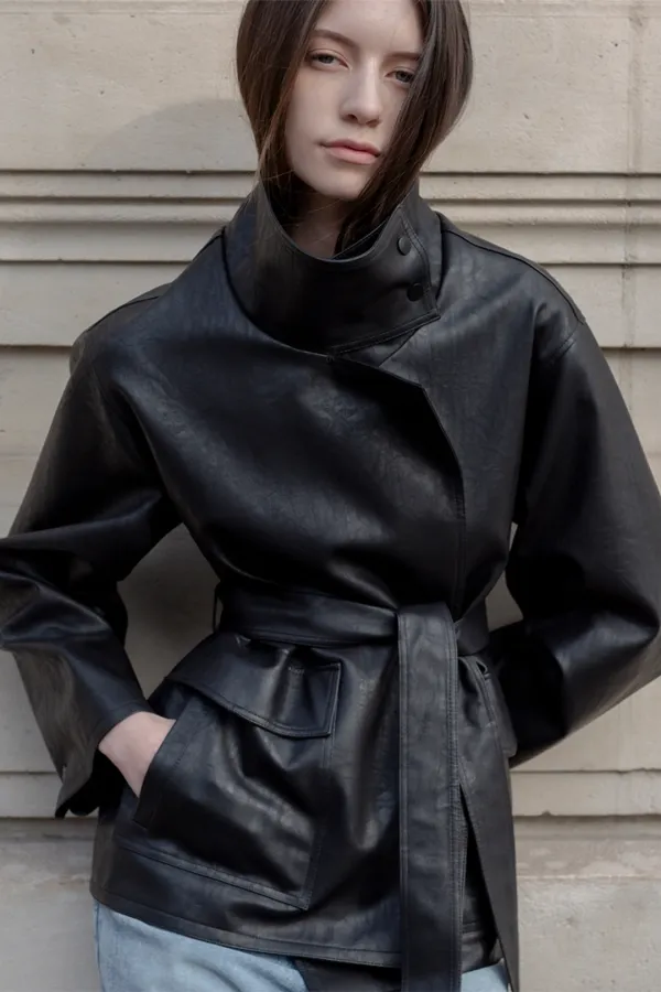[9th] FUNNEL NECK TIE WAIST VEGAN LEATHER JACKET BLACK