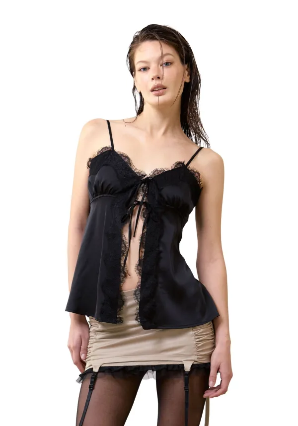 [pre-order] Lace Satin Sleeveless Top [Black]