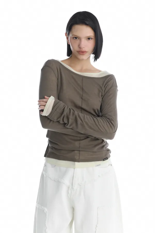 Essential Pintuck Long-Sleeve T-Shirts [ Brown ]