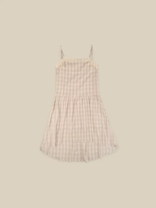 LACE CHECK LAYERED DRESS [ MULTI BEIGE ]