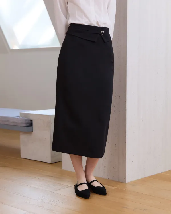 Classic belted H line long skirt - black