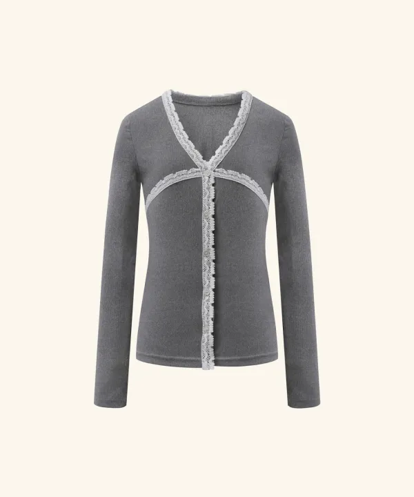 Cross Lace V-Neck Cardigan ( Gray )