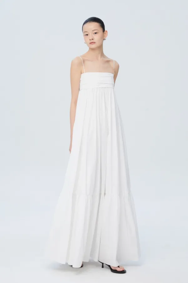 COTTON SMOCKING FLARE LONG DRESS