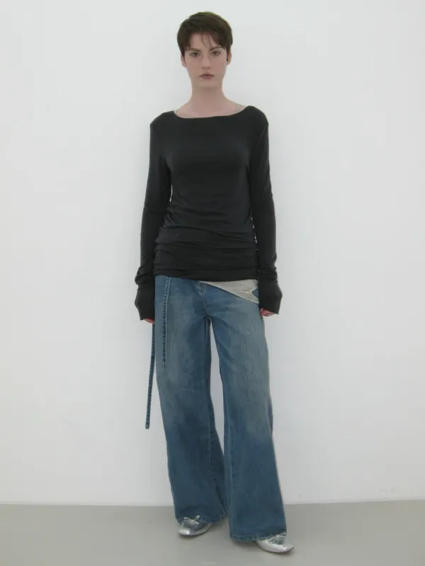 [SOLD OUT] SHIRRING TENCEL LONG SLEEVE, CHARCOAL
