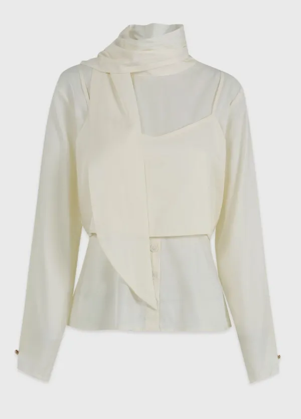  [44-120]  Ondine Tie Bustier layered Blouse  온딘 타이 뷔스티에 레이어드 블라우스  (가을-데일리룩-격식룩-페미닌룩-경량성-광택감-타이넥-뷔스티에-고급-빅사이즈-자체제작) 