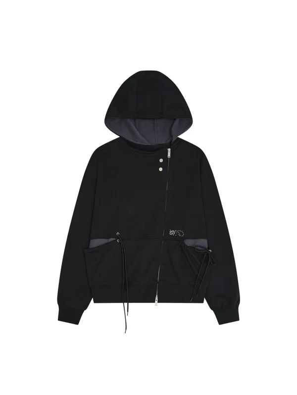 SHIRRING WAFFLE HOOD ZIP-UP [BLACK]