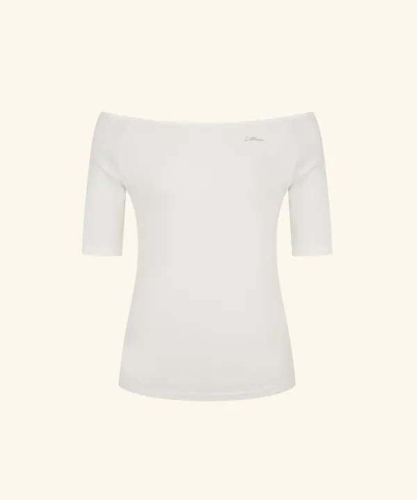 Letters Semi Off-Shoulder Elbow Sleeve T-Shirt (Ivory)