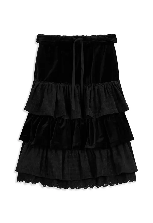 VELVET ROLLED WAIST TIERED SKIRT, BLACK