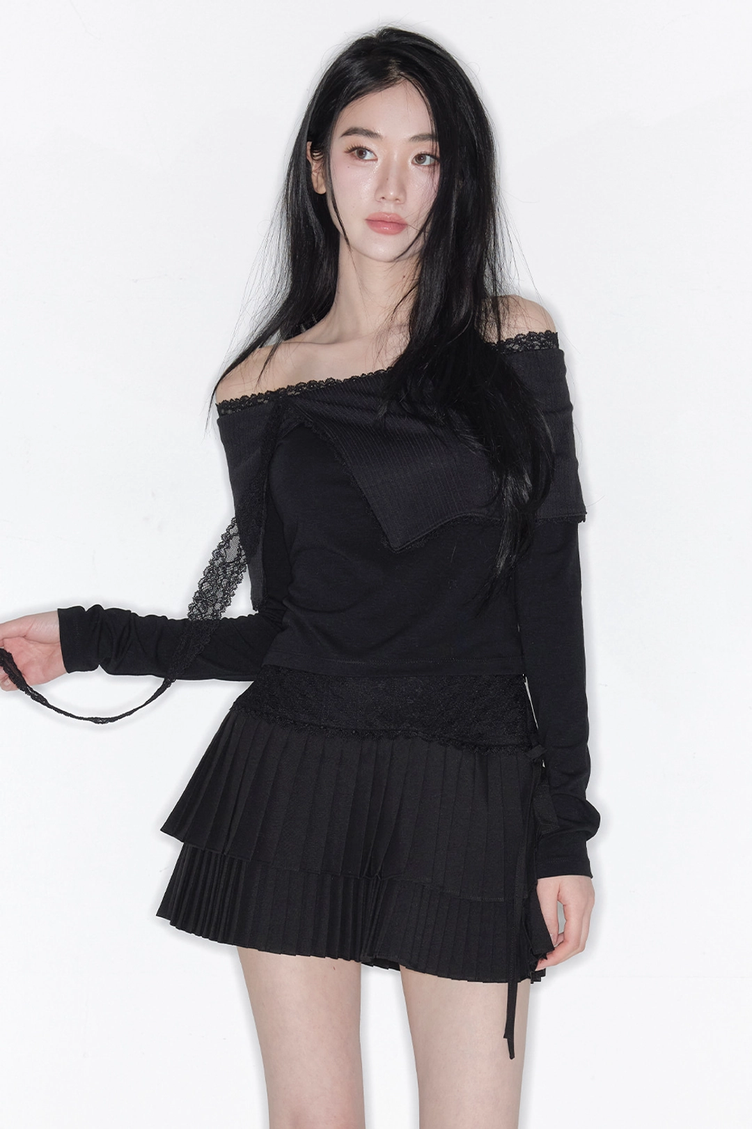 더티스 [2차] DOUBLE LAYER LACE WRAP PLEATS SKIRT_TT6S503BK 상품 이미지 2