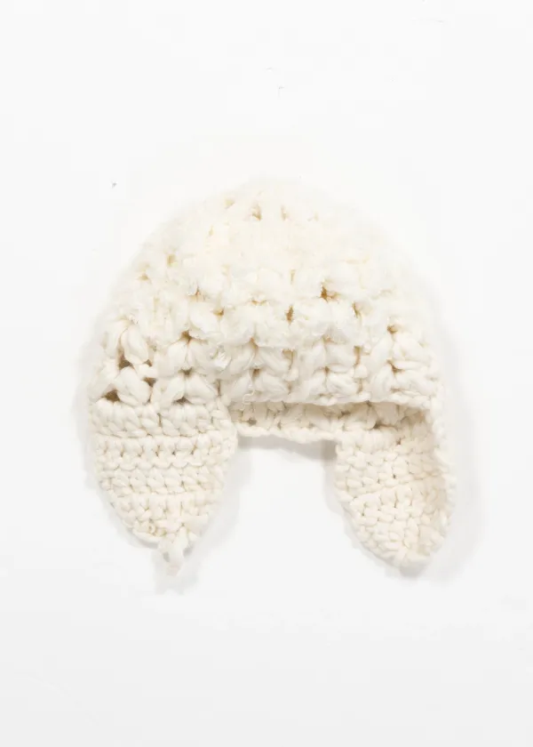 WOOL MIX HANDMADE CROCHET BEANIE - WHITE