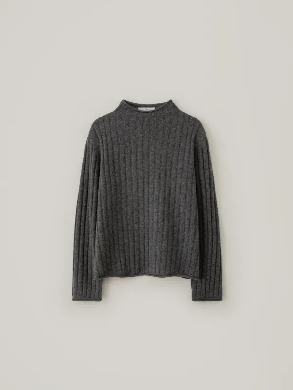 [Cashmere] Mock Neck Ribbed Knit - Gray
