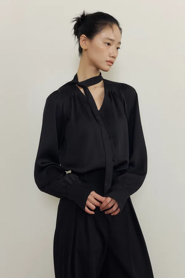 Soft Drape Tie-Neck V-Blouse (black)