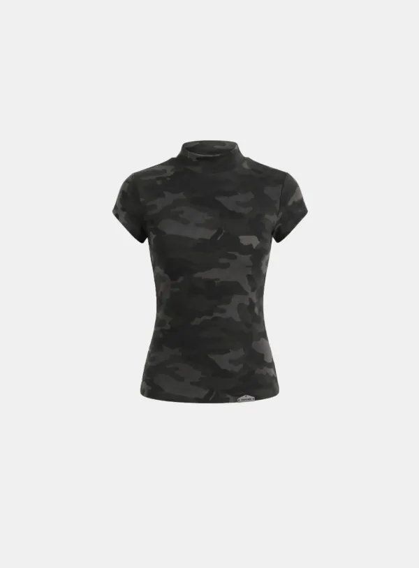 [w-tee26-066] Viper Logo Mock-Neck Cap Sleeve - Black Camo