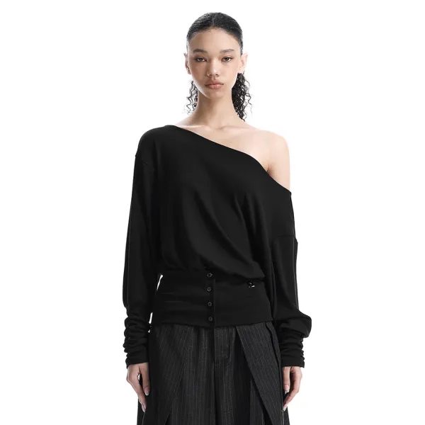 Banded-Waist Blouson Top [ Black ]